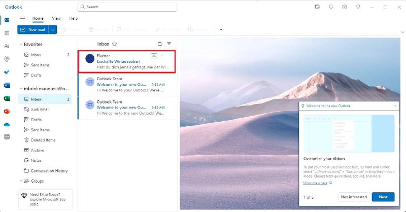新版 Outlook 邮件客户端自带置顶广告，需每月支付 1.99 美元关闭微软目前已经为新版 Outlook 客户端加入一系列第三方广告，相关广告默认处于邮件“置顶”列表处，整体风格非常类似普通邮件，仅有一个“AD”图标以作区分